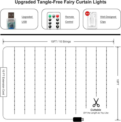 2 Pack Fairy Curtain Lights Upgraded Tangle-Free Warm White USB Plug in 8 Modes String Hanging Lights with Remote for Christmas, Bedroom, Indoor, Outdoor, Weddings, Party (10 FTx10 FT)