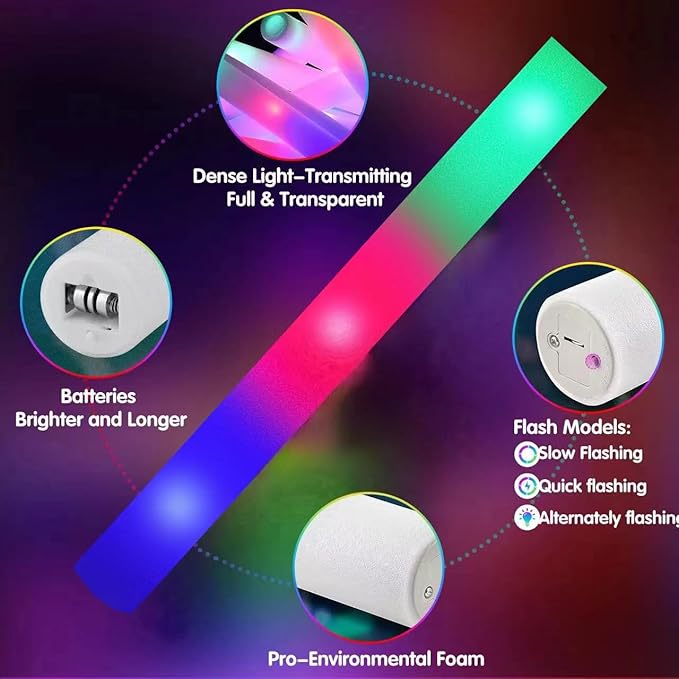 28PCS LED Foam Halloween Glow Sticks, Foam Light up Sticks Bulk Party Pack with 3Modes Colorful Flashing, Glow in The Dark Party Supplies for Parties, Wedding, Birthday, Raves,Concert, New Year