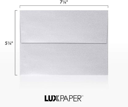 LUXPaper A7 Invitation Envelopes | Peel & Press | 5 1/4" x 7 1/4" | Silver Metallic | 80lb. Text | 50 Qty