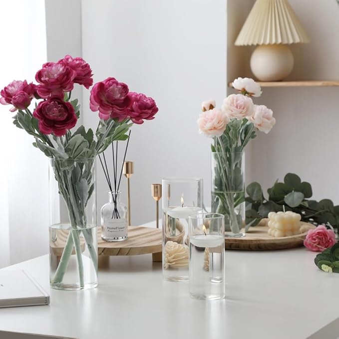 Set of 16 Pcs Glass Cylinder Vases for Centerpieces with 24 Pcs White Floating Candles for Centerpieces Glass Candle Holder for Table Shelf Wedding Party Home Decor (4"+6"+8"+10")
