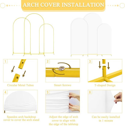 Metal Arch Backdrop Stand and White Wedding Arch Cover Set 7.2FT 6.6FT 6FT Wedding Arched Frame Balloon Arch Backdrop Stand with Spandex Arched Covers for Baby Shower Bridal Banquet Decor