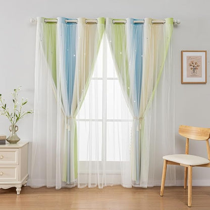 FANLI Ombre Rainbow Blackout Curtains for Kid Girls Bedroom Living Room Darking Stripe Double Layer Star Cut Out Wall Home Decor Gradient Grommet Window Curtains （Blue Green 52Wx72L）