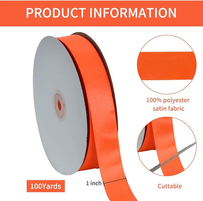 TONIFUL 1 Inch x 100yds Orange Satin Ribbon, Thin Solid Color Satin Ribbon for Gift Wrapping, Crafts, Hair Bows Making, Wedding Party Decoration, Floral Bouquets,Thanksgiving,Halloween