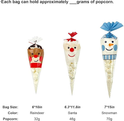 EKAPACKAGING 50Pcs 7x15 Inches Snowman Print Cone Shaped Treat Bags with Ties, Christmas Clear Cellophane Bags, Party Favor Bags for Popcorn, Cookies, Cotton Candy, Gift, and Pretzel Rod