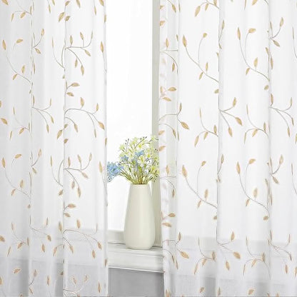VISIONTEX White Sheer Voile Curtains, Decorative Orange Leaves Embroidery Faux Linen Rod Pocket Window Drapes for Home Kitchen, Living Room and Bedroom 54 x 108 Inch, Set of 2 Curtain Panels