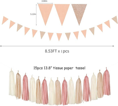 Pink Champagne-Peach Rose-Gold Boho Party Decorations - 23pcs Women Girls Birthday Tissue Pom Poms Streamers,Baby Bridal Shower Tassel Garland Banner,Rustic Wedding Graduation Decor Backdrop Ouruola