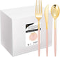 I00000 144Pcs Pink Plastic Silverware, Gold Disposable Flatware with Pink Handle, Gold Plastic Cutlery Set Includes: 48 Forks, 48 Knives and 48 Spoons Perfect for Party & Wedding