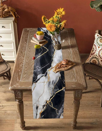 Black White Marble Cotton Linen Table Runner for Dining Kitchen, Wedding Outdoor Party Tablerunners Decoration, Nature Marble Crack Modern Art Dresser Scarf Coffee Tablecloth Runners 13x36 Inches