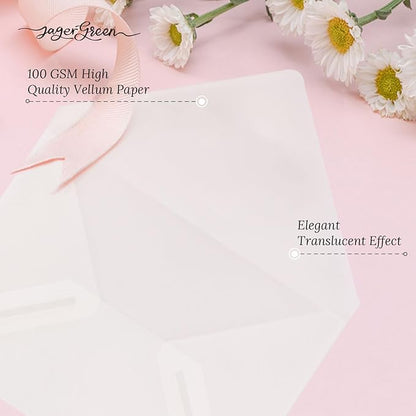 50 Pack 5x7 Vellum Envelopes Letter Size, A7 Translucent Glassine Envelopes for Wedding Invitation, Envelope 5.4x7.6 for Thank You Cards, Birthday Greeting, Lottery Ticket, Stamp Collecting