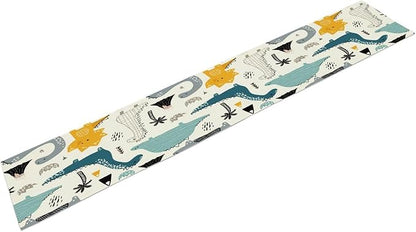 Cartoon Dinosaur Table Runner,Kids Boys Cute Various Dino Moutain Modern Abstract Print Tablecloth Burlap for Hotel Indoors Outdoor Dining Room Kitchen Holiday Party, 13x80in