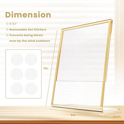 Acrylic Gold Frames 5X7, Slanted Back Gold Picture Frames Table Acrylic Sign Holder for Photos Wedding Table Numbers and Art Display with Removable Clear Sticky Dots，6 Pack
