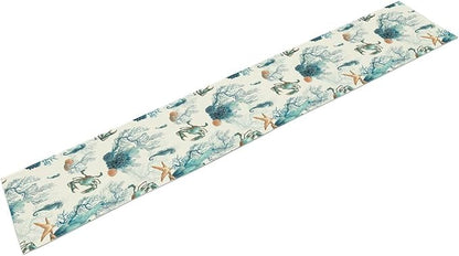 Nautical Coast Table Flag, Ocean Beach Seahorse Shell, Vintage Sailboat Lighthouse Anchor Table Decoration for Indoor and Outdoor Home Party Decor 13x108 Inch
