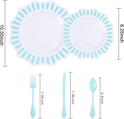 COLOSUS 150pcs Disposable Blue and White Striped Easter Plastic Party Plates and Silverware set, Light Blue Dinner/Dessert Plates silverware serve 30guests for Birthday Wedding Party and Daily use.