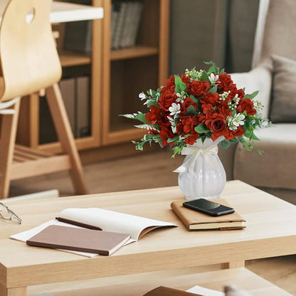 LESING Artificial Rose Silk Hydrangea Flowers Bouquets with Vase Rustic Fake Flowers for Home Decoration Table Centerpiece (Claret Red)