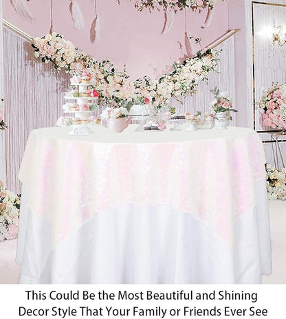 ShinyBeauty Sequin Tablecloth - Square 54x54-Inch Iridescent White Table Cloths for Round Table - Glitter Tablecloth Linen for Party