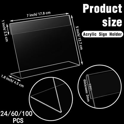 Vicenpal 24 Pcs 7x5 Inch Clear Acrylic Sign Holder Plastic L-shape Vertical Menu Stand, Picture Photo Frames, Table Paper Holder, Flyer Sign Display Stand for Restaurants, Store, Office, Wedding