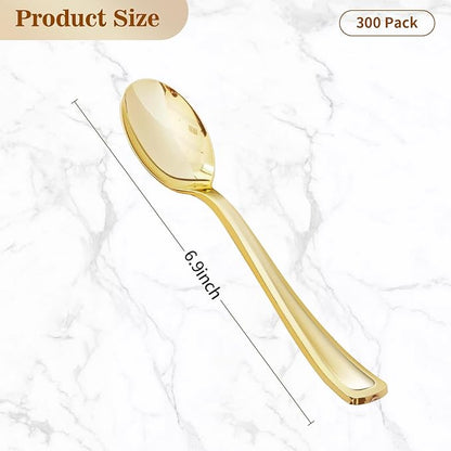 BESTVIP 300 Pack 6.9 Inch Gold Plastic Spoons, Heavy Duty Plastic Silverware, Heavyweight Gold Disposable Spoons, Disposable Serving Utensils for Catering, Parties, Dinners, Weddings, Christmas