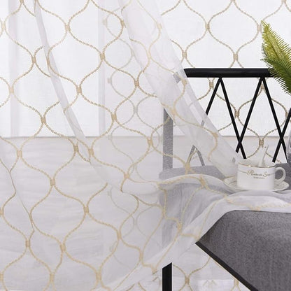 Sheer Curtains Gold 45 Inches, Embroidered Wave Diamond Rod Pocket Voile Drapes for Living room, Bedroom, Window Treatments Semi Curtain Panels for Yard, Patio, Villa, Parlor, Set of 2, 52"x 45".