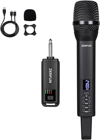 Rechargeable Wireless Microphone, Pro Handheld Cordless Mics System Dynamic with Echo Treble BASS VOL Control for Karaoke Singing Church Party, 1/4'' Output, D240, Black