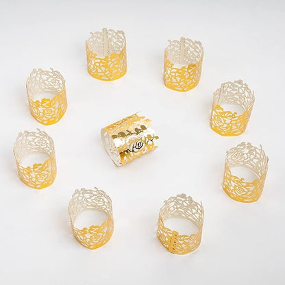 100pcs Disposable Rose Flower Paper Napkin Rings Laser Cut Foil Paper Napkin Holder, Leaf Vine Serviette Rings for Table Decoration,Christmas,Wedding,Party (Gold)