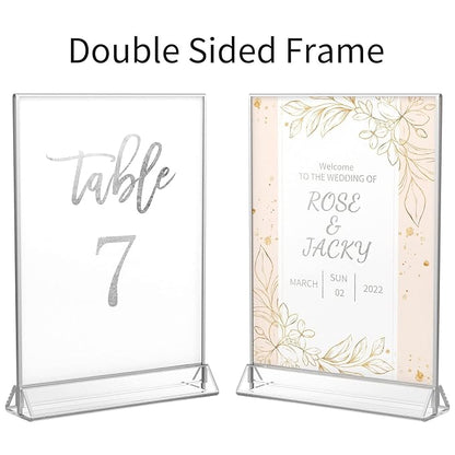 NIUBEE 6Pack 4x6 Clear Acrylic Sign Holder with Sliver Borders and Vertical Stand, Double Sided Table Menu Holders Picture Frames for Wedding Table Numbers, Restaurant Signs, Photos and Art Display