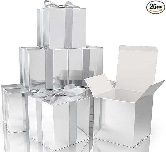 COTOPHER Small Gift Boxes 25 Pack 6x6x6 inches Silver Gift Boxes with Lids for Gifts, Crafting, Wedding Party Favor, Cupcake Boxes, Candy, Bridesmaids Proposal Box with Ribbons and Stickers