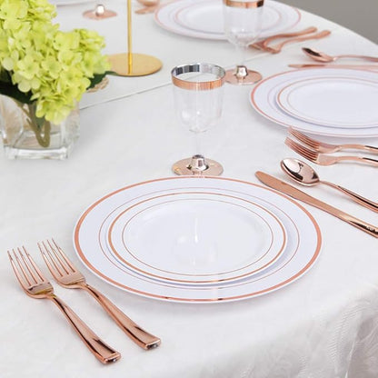 WDF 120 Pieces Rose Gold Plastic Silverware- Disposable Flatware Set-Heavyweight Plastic Cutlery- Includes 40 Forks, 40 Spoons, 40 Knives for Valentine's Day, Mother's Day,Wedding&Party