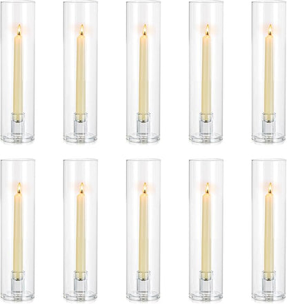 NUPTIO Taper Candle Holders Glass: Set of 10 Hurricane Candlestick Holder Bulk - Candle Stick Stand with Cylinder Sleeves for Thanksgiving Chrstmas Birthday Party Decor