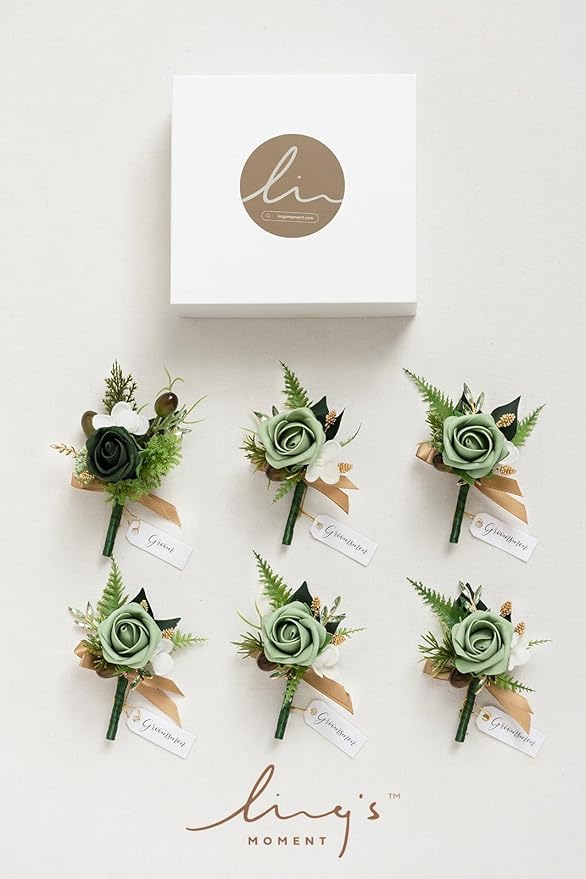 Ling's Moment Boutonniere for Men, 6pcs Groom Groomsmen Boutonniere, Artificial Flowers for Wedding Decor/Prom/Homecoming, etc.Green Beige