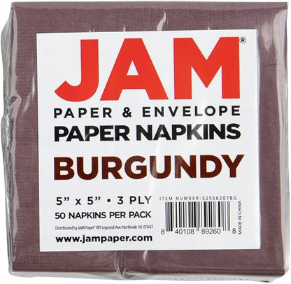 JAM PAPER Small Beverage Napkins - 5 x 5 - Burgundy - 50/Pack