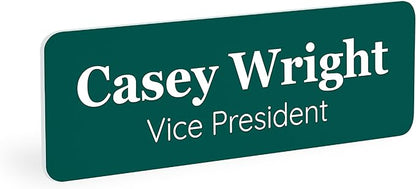 ExcelMark Custom Name Tag - Engraved Name Badge with Pin or Magnetic Backing, 16 Colors, 6 Fonts, and 2 Sizes to Choose from (Green w/White Letters, 1"x 3")