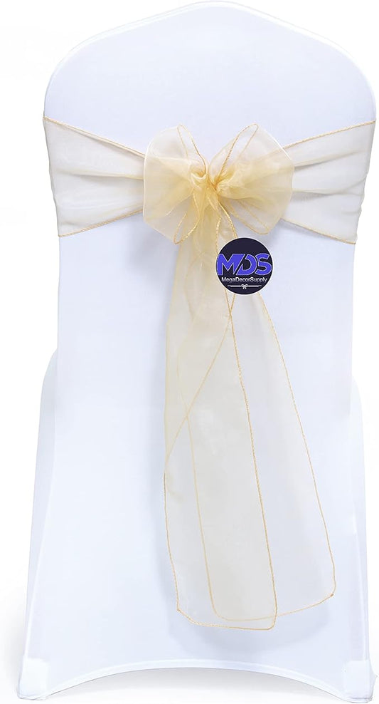 MDS Pack of 125 PCS Organza Chair Sashes Wider Dining Chair Bows Ribbon Tie Back for Wedding Party Birthday Bridal Shower Reception Event Banquet Home Chair Cover Decoration - Beige