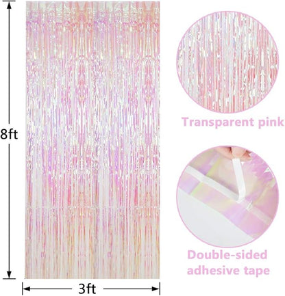 BTSD-home 4 Pack Iridescent Backdrop Transparent Clear Foil Fringe Curtain, Metallic Photo Booth Tinsel for Mermaid Frozen ERAS Wedding Birthday Baby Shower Bachelorette Party Decorations(8ft x 3ft)