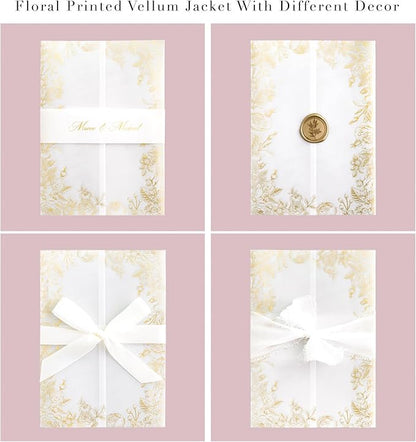 PONATIA 50 PCS Vellum Jackets for 5x7 Invitations- 135gsm Gold Foil Print Floral Printed Vellum Sleeves, Quinceanera Wedding Invitation Cards Wraps, Transparent Christmas Gift Cards Jackets