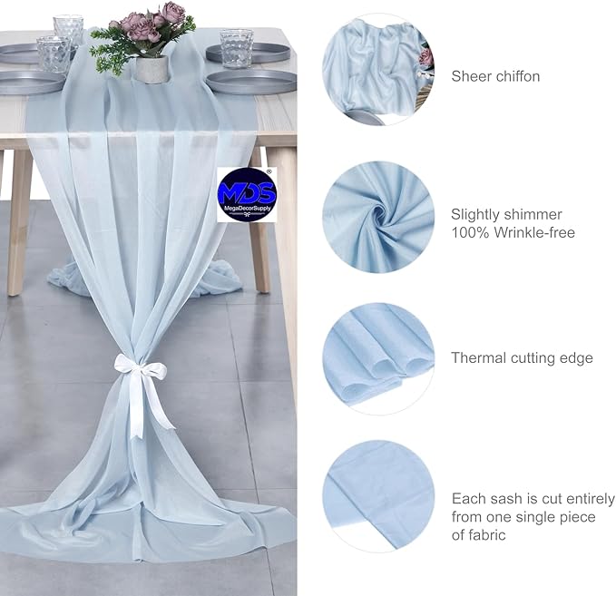 MDS 15 Pack 10ft Chiffon Table Runner 29 x 120 Inches Sheer Wedding Runner Romantic Rustic Table Runner for Wedding Decorations, Birthday Parties, Bridal Shower Party Arch Decor - Baby Blue
