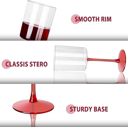 Ciaell 12 Pack 10 Oz Clear Plastic Wine Glasses with Red Stem - Disposable Cocktail Goblets Perfect for Parties & Weddings & Poolside & Outdoors & Camping & Party & Christmas