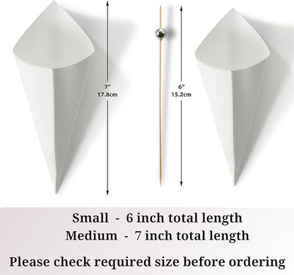 MONTX® 200-Pack Disposable Food Cones | 7" or 6" | White Food-Safe Paper Charcuterie Cones for Appetizers, Popcorn, Snacks, Confetti | Eco-Friendly Alternative to Wood Cones (7 Inch)