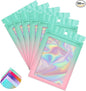 Funfery 100 Pack Gradient Holographic Bags,Mylar Resealable Bags with Zipper,Clear Window Packaging Pouchs,Smell Proof Foil Bag for Food Storage,Sample Jewelry Baggies(4.7×7In,Green Pink)