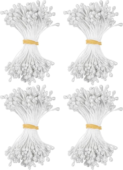600-Pack Flower Stamens for Crafts, 5mm Double Heads Artificial Pearl Floral Pistil Mini Flower Pollens Stamens for DIY Making/Wedding/Scrapbook Decoration [White]