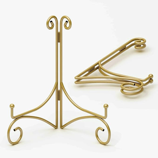 Iron Plate Stand for Display with Folding Design, Picture Stands for Tables, 12 Inch Large Easels for Displaying for Book, Art Piece, Photo and Platter, 12’’ Gold, 2-Pack