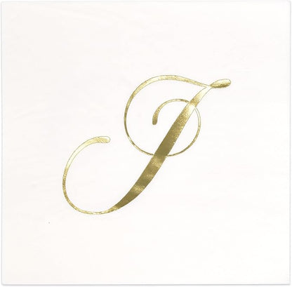 Gift Boutique 100 Gold Foil Monogram J Cocktail Napkins Disposable Paper Hand Towels for Wedding Baby Shower Holiday Party Powder Room Decor