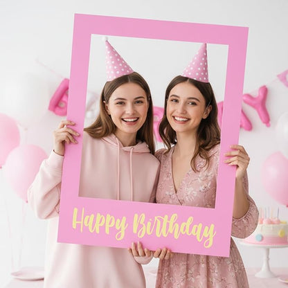 32 x 24 Inch Large Photo Booth Props Picture Frame Happy Birthday Party Frame DIY Cutouts Photo Booth Props Selfie for Party Supplies Favors(Pink Gold,Happy Birthday)