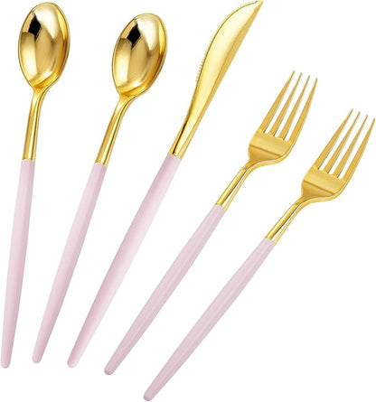 Rubtlamp 90Pcs Gold Plastic Silverware, Gold Plastic Utensils With Pink Handles Include 30 Plastic Gold Knives, 60 Plastic Forks and Spoons, Pink Plastic Silverware Heavy Duty For Party