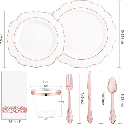 NOCCUR 175PCS Rose Gold Plastic Plates with Disposable Silverware - Include 25Dinner Plates, 25Dessert Plates, 25Forks, 25Knives, 25Spoons, 25Cups, 25Napkins for Wedding&Party