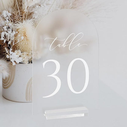 JINMURY Frosted Arch Table Numbers for Wedding, 5x7 Inch Acrylic Table Numbers 1-30 with Stands, Frosted Acrylic Arch Tabletop Sign with Holder for Centerpiece, Reception, Wedding, Party, Event