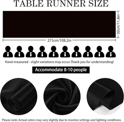 SHEJIZE 10 Pack Black Satin Table Runner 12x108 Inches Long, Bright Silky Smooth Satin Table Runner Table Decor for Wedding Banquet Christmas Prom Event Birthday Party