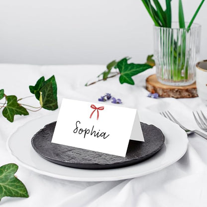 25 Pack Red Bow Place Cards, Editable Name Cards for Table Setting, Cute Tent Cards Food Label for Dinner Party, Bridal Shower, Wedding, Baby Shower and Events -T33