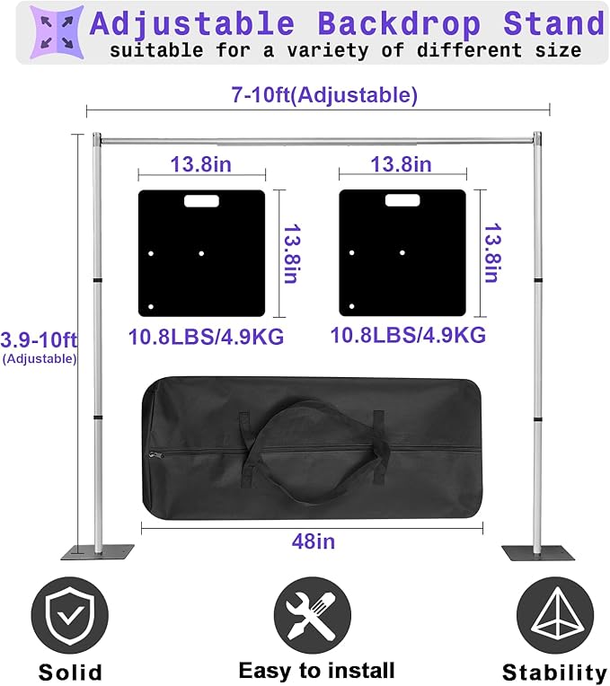 Backdrop Stand Heavy Duty 10x10Ft, Adjustable Metal Frame Pipe and Drape,Background Stand for Wedding Birthday Party Decorations