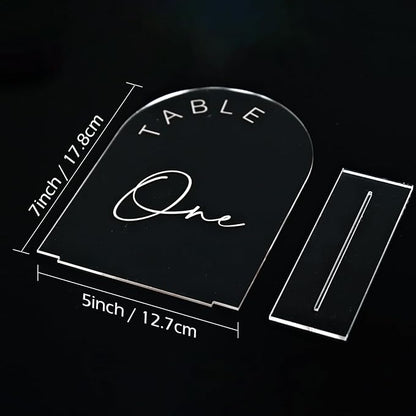 JINMURY Clear Arch Wedding Table Numbers 1-10 with Stands, 5x7 Inch Acrylic Arch Sign with White Lettering, Clear Acrylic Table Numbers for Wedding Reception