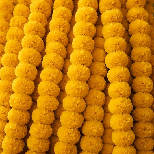 Artificial Marigold Flowers Garland for Diwali Decoration, American Wedding Party, Mantle Decoration, Faux Garlands, Wedding Garland, Spring Bush Floral - 5 String - (Yellow | 4 to 4.5 ft) Hashcart®